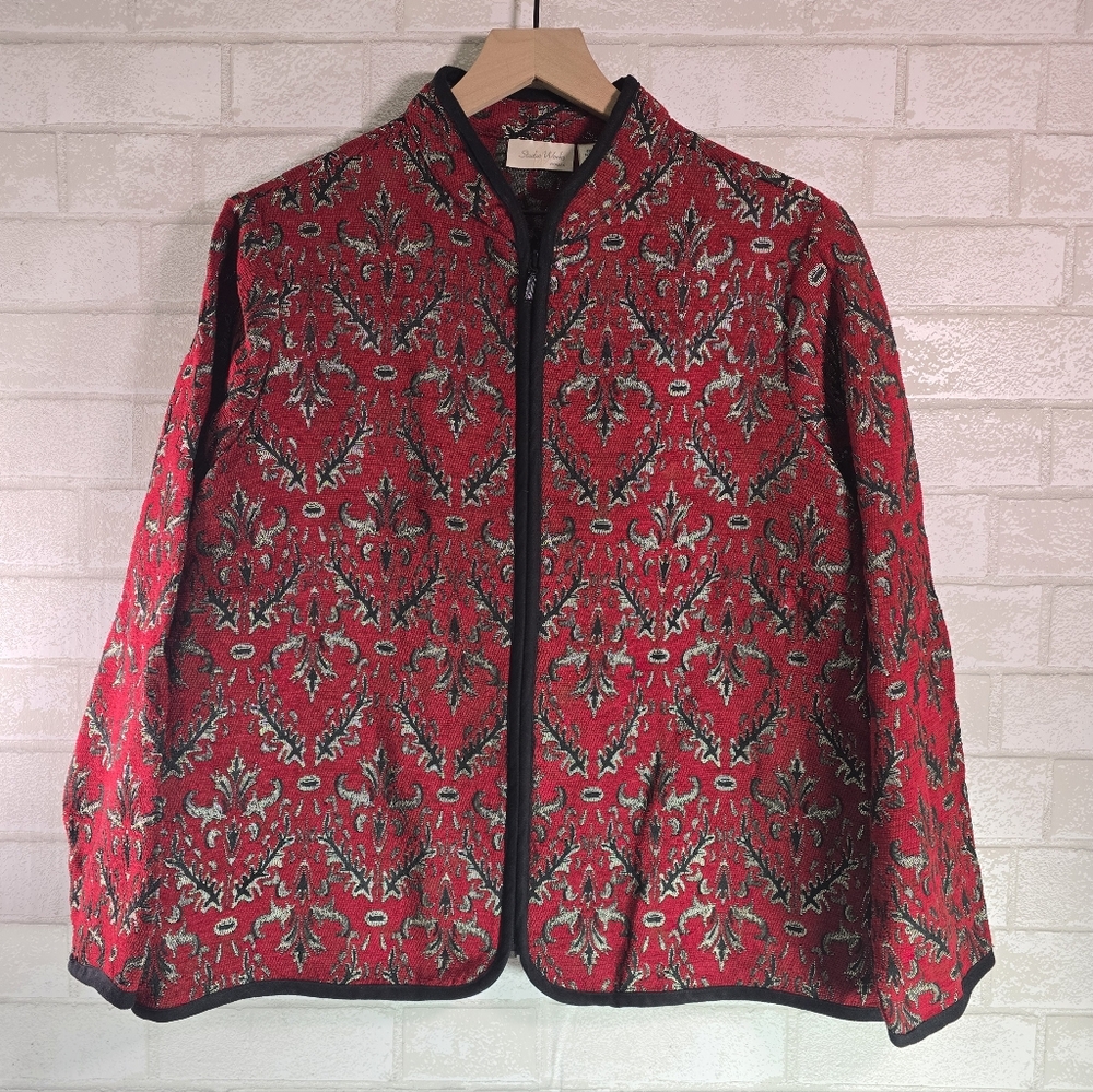 Studio Works Women's Jacquard Woven Jacket Red w/ Black & Silver Design Size 1X